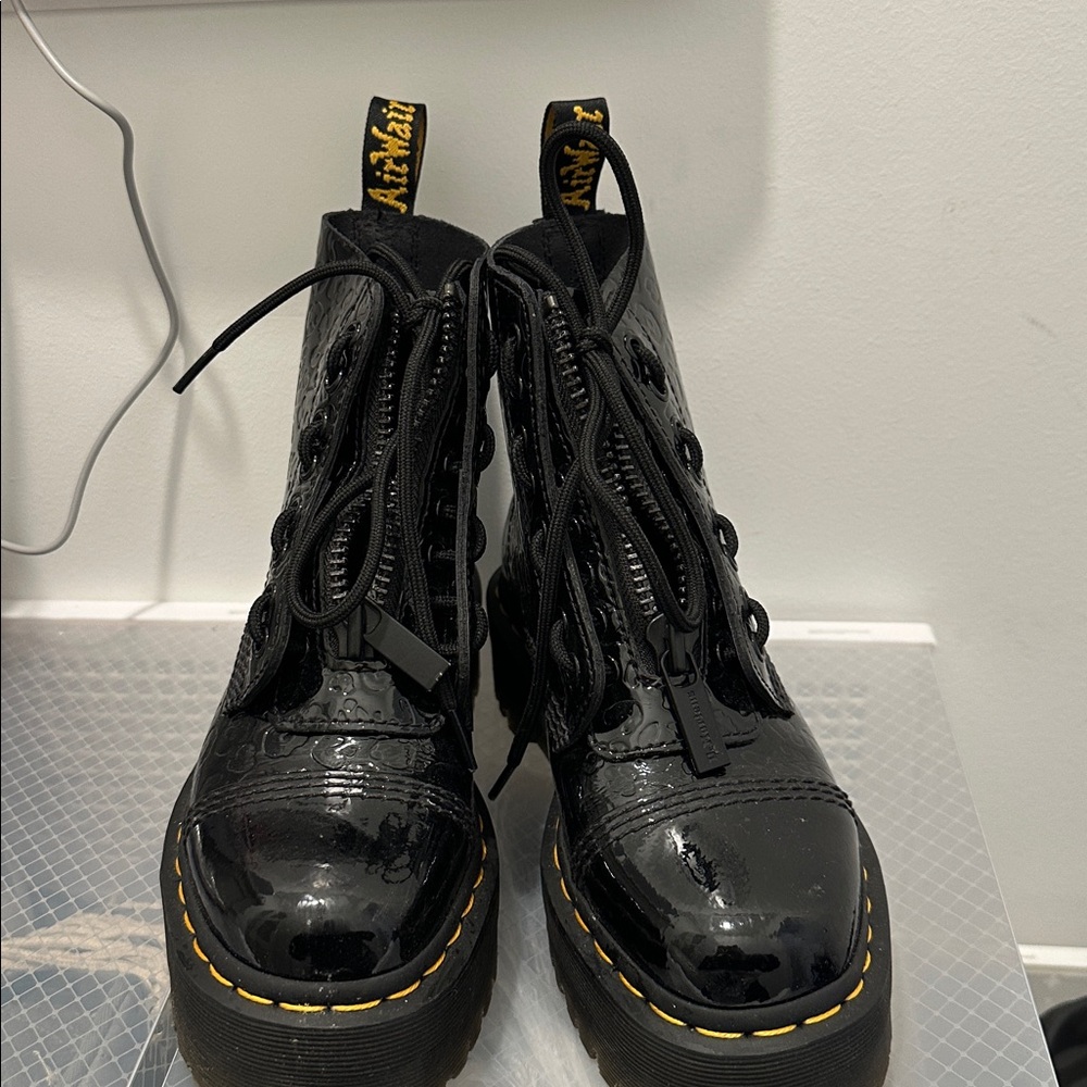 Dr. Martens Shiny Black Boots with Yellow Accents